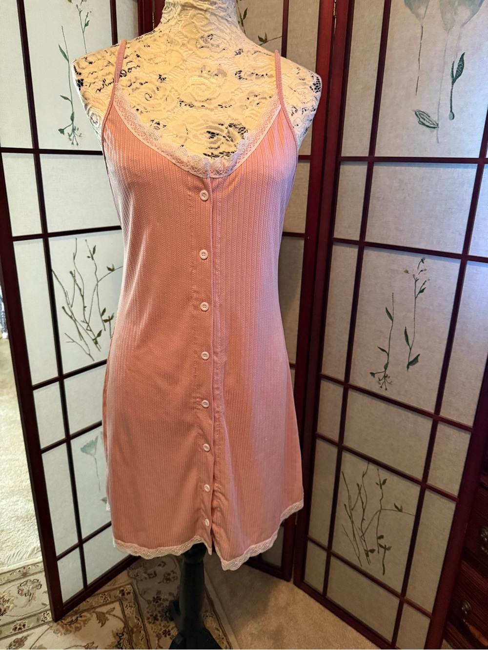 Lace-Trim Pink Button-Front Chemise Slip